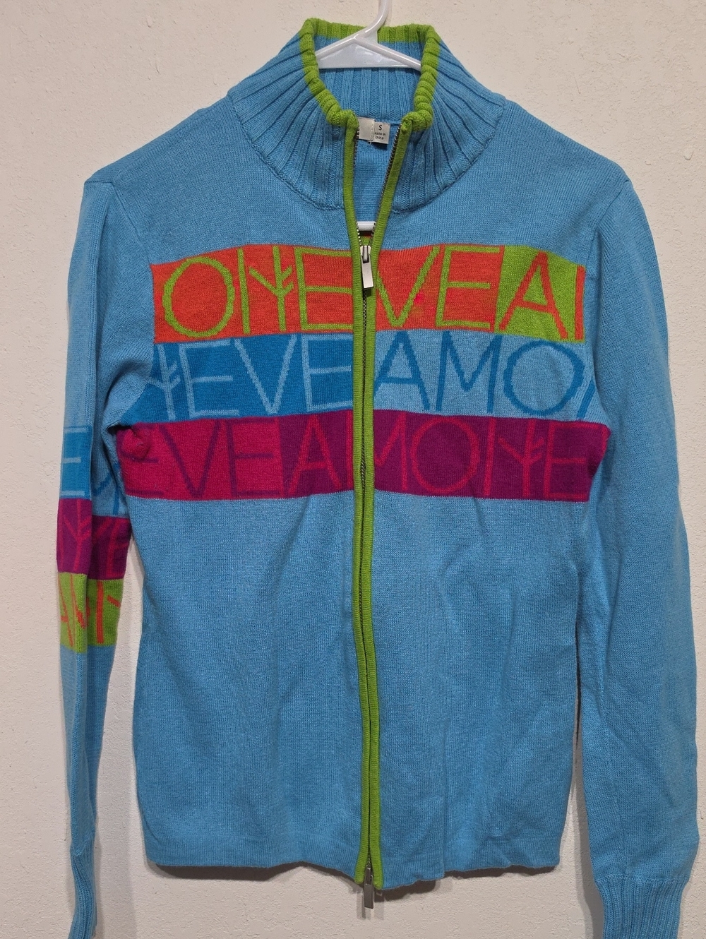 Women's Blue Zip-Front Graphic Knit Hoodie with Lime Trim